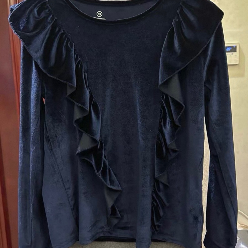 AG Adriano Goldschmied Navy Velvet Ruffle Blouse